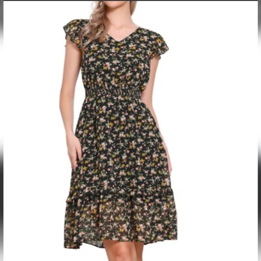 Allegra K Women's Floral A-line Smocked Waist Ruffled Dress Forest Fairy Size M